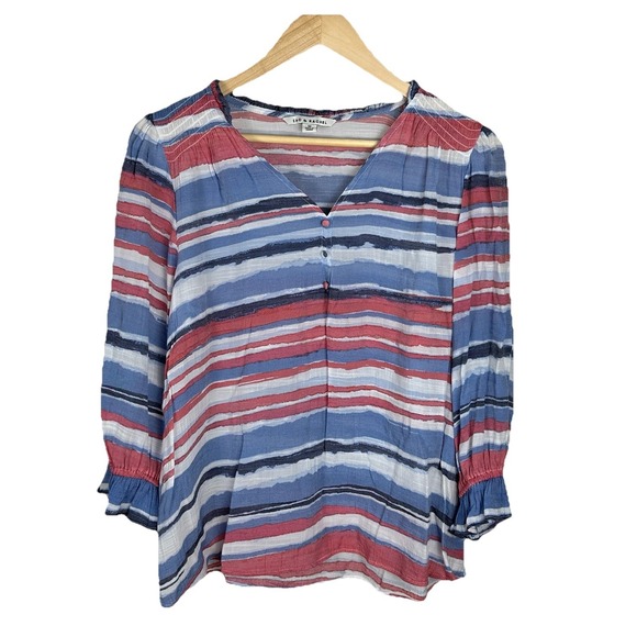 Zac & Rachel Tops - Zac & Rachel Womens Medium Top 3/4 Sleeve V-Neck Red/Blue Striped Pullover Light